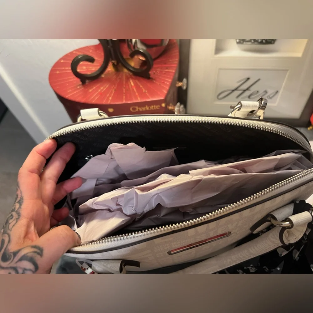 Steve Madden White and Black Dome Satchel with Black Scarf